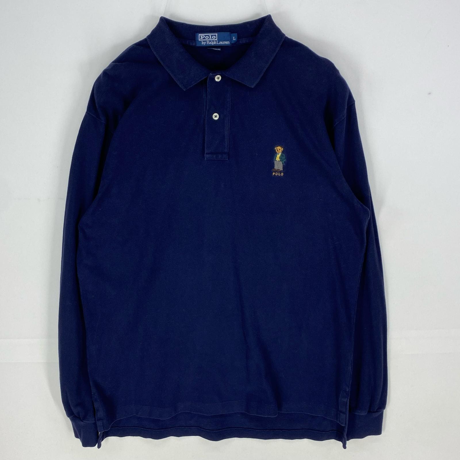 古着 ポロバイラルフローレン Polo by Ralph Lauren 鹿の子 長袖シャツ ポロベア 刺繍 ポロシャツ L  ネイビー系 メンズ