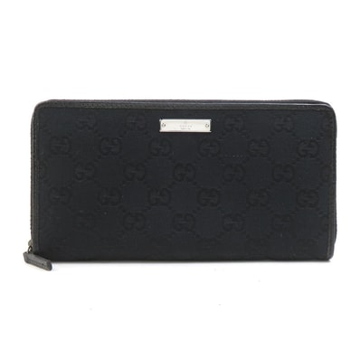 グッチ GUCCI ラウンドファスナー長財布 GGキャンバス ブラック シルバー ユニセックス 112724【中古】 e62044i