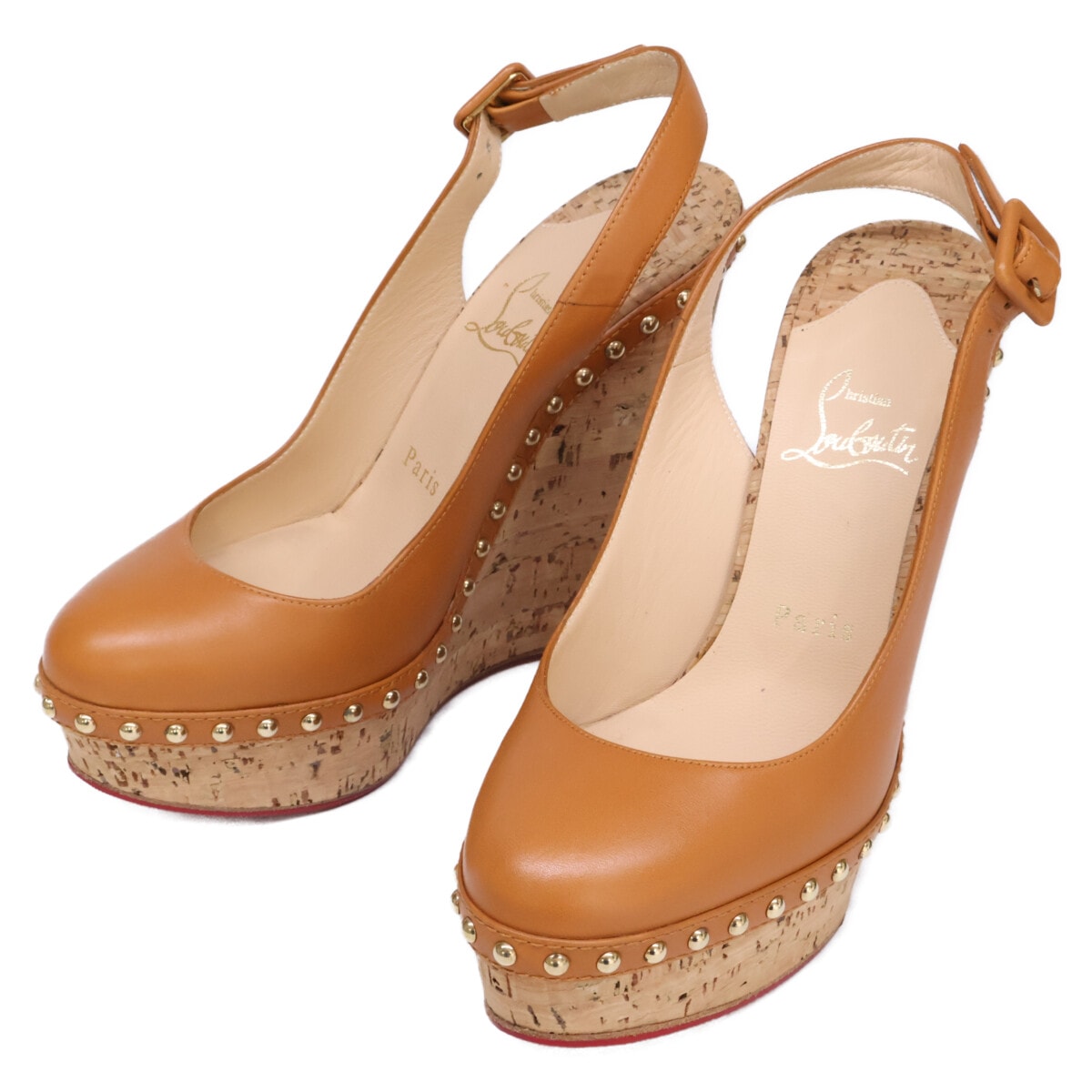 クリスチャンルブタン 【美品】スリングバック ボールスタッズ ウェッジソール パンプス 37
