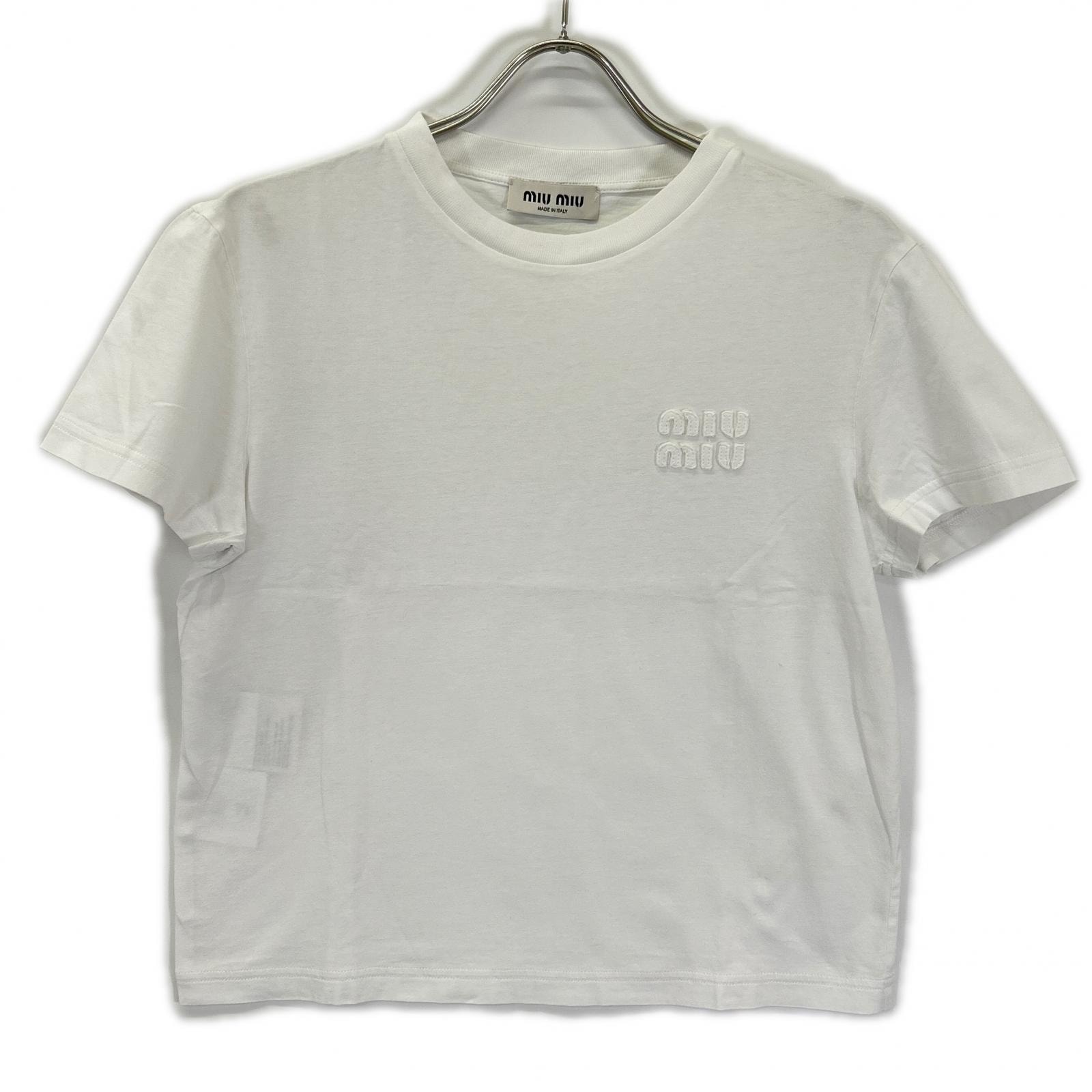 ミュウミュウ 23年 MJN500 ホワイト コットン ロゴ刺繍 ジャージー Tシャツ XS