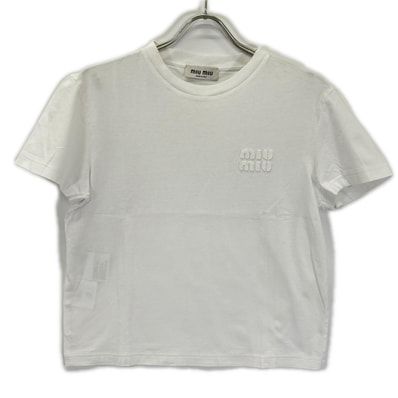 ミュウミュウ 23年 MJN500 ホワイト コットン ロゴ刺繍 ジャージー Tシャツ XS
