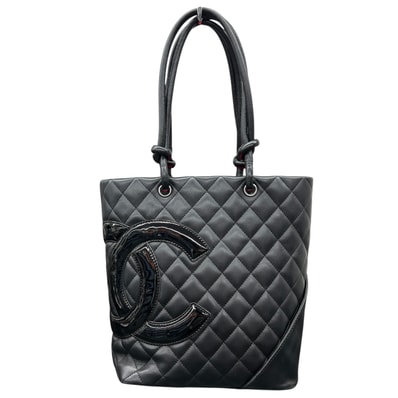 CHANEL 美品 シャネル カンボンライン ミディアム トートバッグ A25167 11番台シリアル ラムスキン レザー エナメル ブラック シルバー金具 ショルダーバッグ デカココマーク ヴィンテージ レディース ABランク 鑑定済 中古 シャネルバッグ