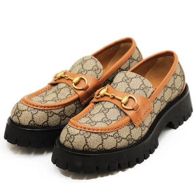 【未使用】GUCCI グッチ ビットローファー サイズ 39 レディース レザー x GGキャンバス 蜂 エンブロイダリー 刺繍 プラットフォーム シューズ 靴 箱・保存袋付属 キャメル イタリア製