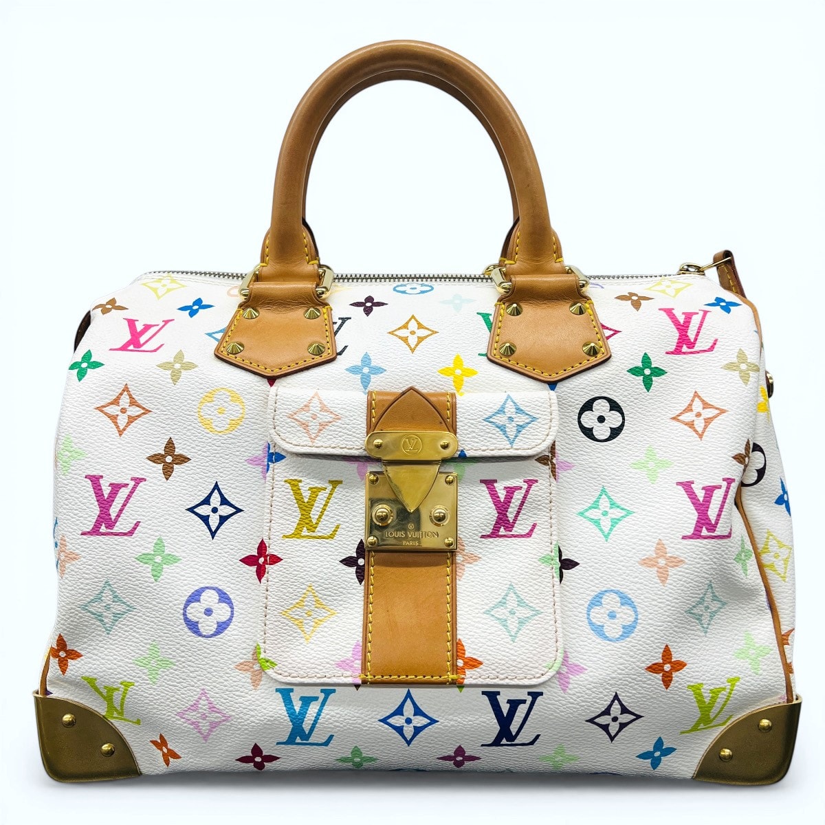 LOUIS VUITTON 美品 ルイヴィトン スピーディ30 モノグラムマルチカラー ブロン ハンドバッグ M92643 PVC レザー SP3007 ホワイト マルチカラー ミニボストン LV ABランク 中古 鑑定済 ヴィトンバッグ