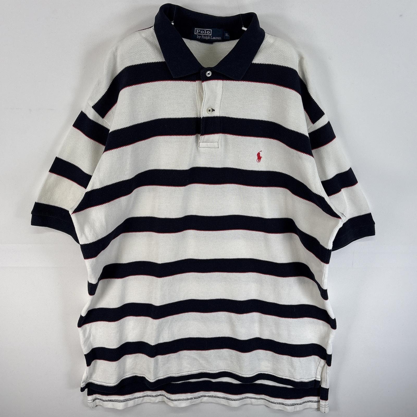 古着 90's/90年代 ポロバイラルフローレン Polo by Ralph Lauren 鹿の子 半袖 ポロシャツ ワンポイント ロゴ 刺繍 2ボタン 大きいサイズ XL  ホワイト系 マルチカラー メンズ