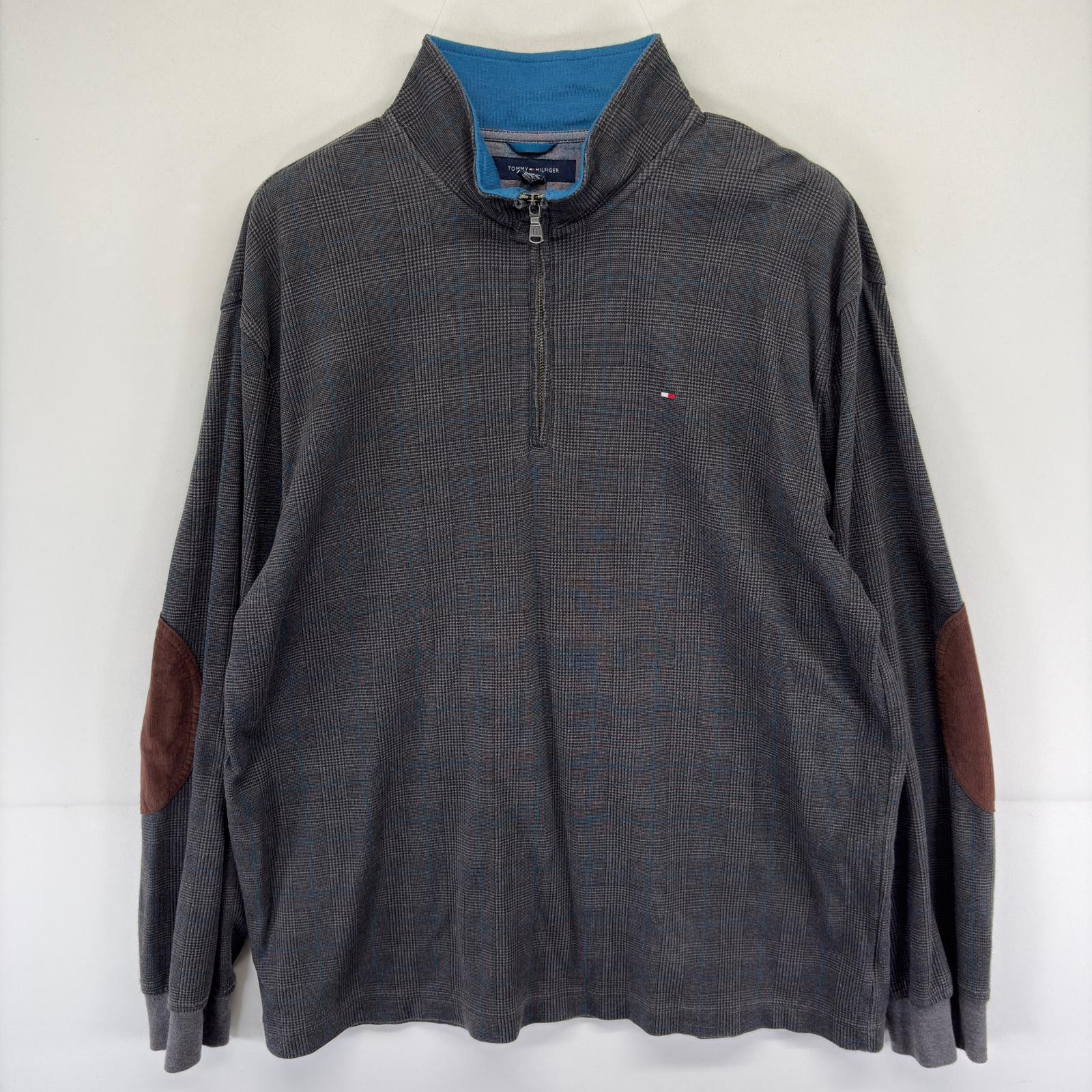 古着 トミーヒルフィガー TOMMY HILFIGER トレーナー ハーフジップ  ロゴ エルボーパッチ 大きいサイズ 2XL  グレー系 チェック メンズ