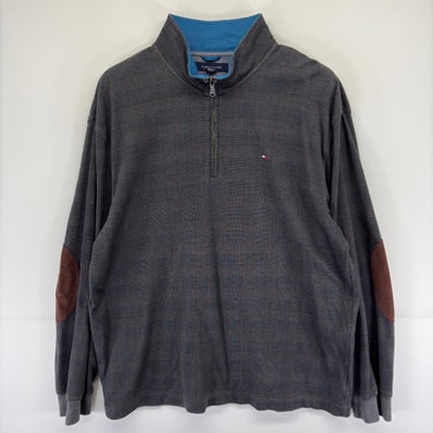 古着 トミーヒルフィガー TOMMY HILFIGER トレーナー ハーフジップ ロゴ エルボーパッチ 大きいサイズ 2XL グレー系 チェック メンズ