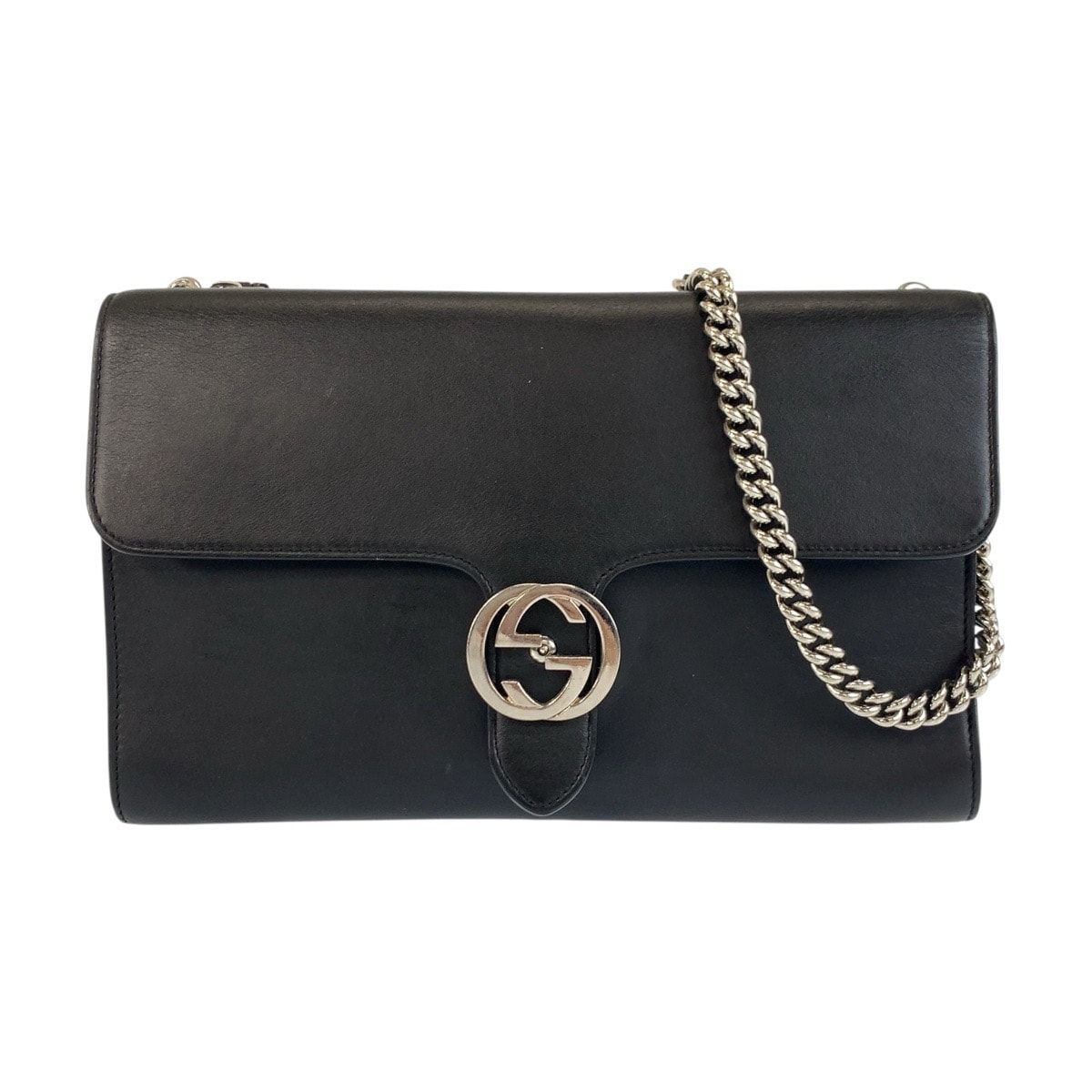 美品 GUCCI グッチ インターロッキング ブラック 黒 シルバー金具 レザー チェーンショルダーバッグ ポシェット 504206 【中古】