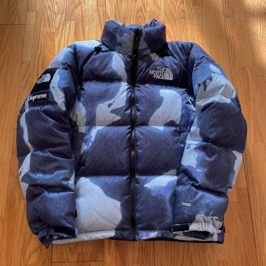 Supreme x The North Face Bleached Denim Print Nuptse Jacket "Indigo"