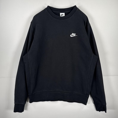 古着 ナイキ NIKE 長袖 スウェット ワンポイント スウッシュ ロゴ 刺繍 クルーネック トレーナー M ブラック 無地 メンズ