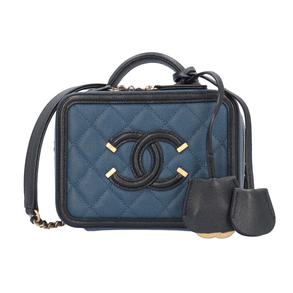 シャネル スモールチェーンバニティ CCフィリグリー ショルダーバッグ キャビアスキン ネイビー レディース CHANEL  中古