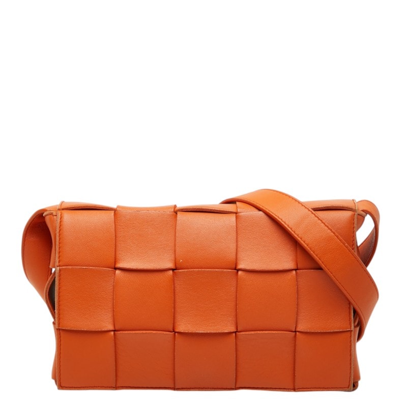 ボッテガヴェネタ マキシイントレチャート カセット 斜め掛け ショルダーバッグ オレンジ レザー レディース BOTTEGAVENETA 中古