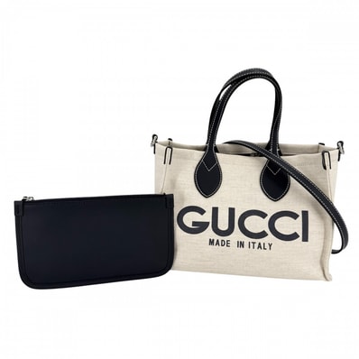 GUCCI グッチ 2WAY 日本限定 ミディアムトートバッグ ハンドバッグ ショルダーバッグ 肩掛け 斜め掛け グッチ リド 772144 コットンリネンキャンバス レザー ベージュ ネイビー 紺 シルバー金具 レディース【中古品】