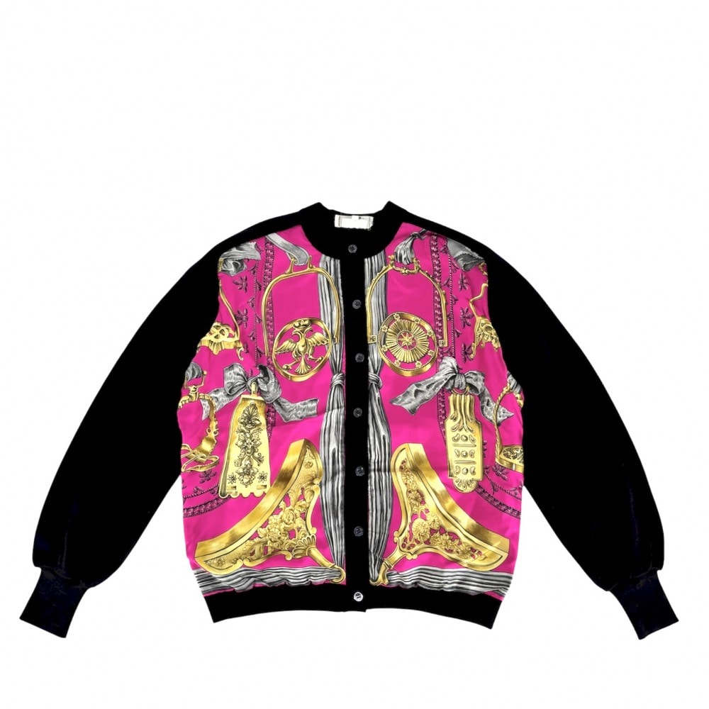 HERMES エルメス カーディガン ツイルレーヌ ETRIERS 鐙 アパレル ニット切り替え トップス 服 42 ピンク ブラック 黒 シルク レディース 春 秋【中古品】