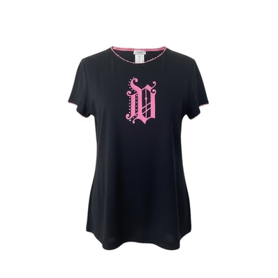 VERSACE ヴェルサーチ ゴシックロゴ ラインストーン レース ブラック ピンク ポリアミド エラスタン/ 半袖Tシャツ A3-00266 【中古】