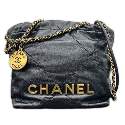 CHANEL 極美品 シャネル22 2way ミニハンドバッグ チェーンショルダーバッグ AS3980 カーフスキン レザー ブラック シルバー金具 ホーボーバッグ ポシェット 巾着 ココマーク Aランク 鑑定済 中古 シャネルバッグ