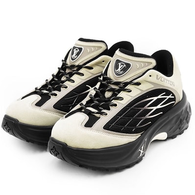 【新品同様】LOUIS VUITTON ルイ・ヴィトン スニーカー ディスカバリーライン 2023年製 LV ロゴ モノグラムフラワー ヌバックレザー x メッシュ 厚底 メンズ サイズ 5 ブラック グレージュ 黒 イタリア製