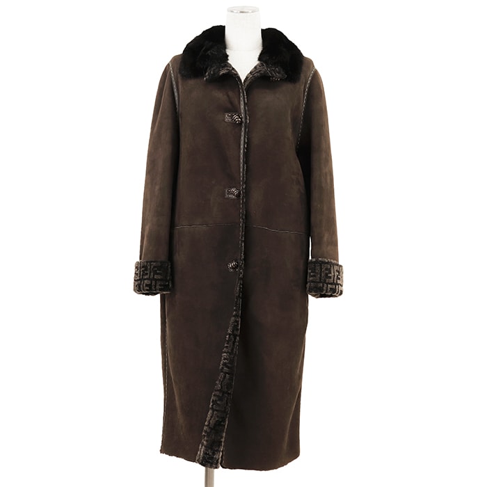 【極美品】FENDI フェンディ ファーコート サイズ 42 レディース シープ ミンクファーカラー レザー アウター ダークブラウン 茶色 イタリア製