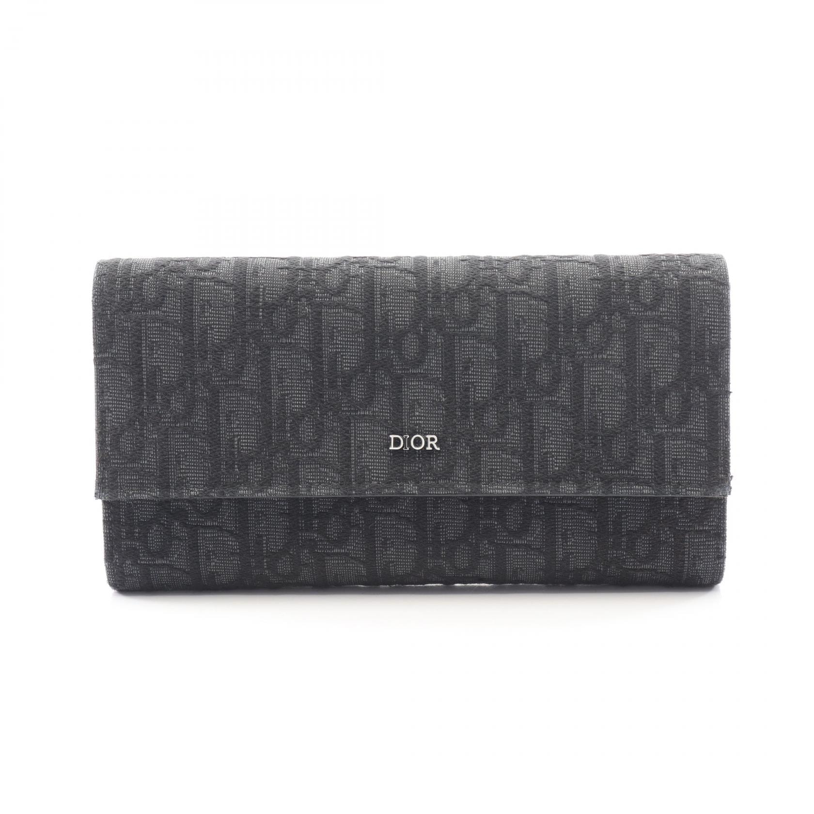 ディオール Dior オブリーク ジャカード 二つ折り長財布 財布 キャンバス メンズ ブラック系 【中古】