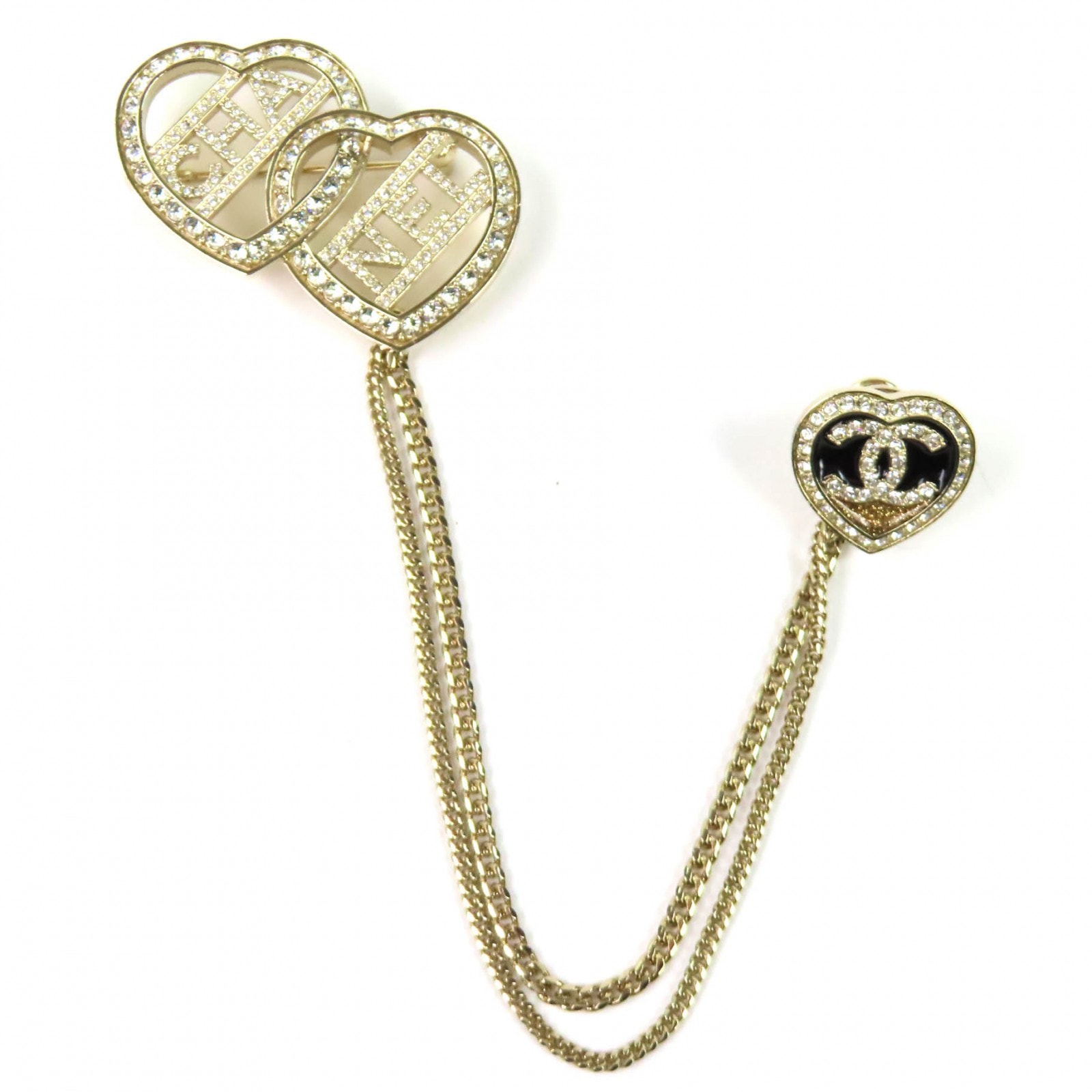 極美品 シャネル ココマーク メタルストラス ダブルハート チェーン ブローチ