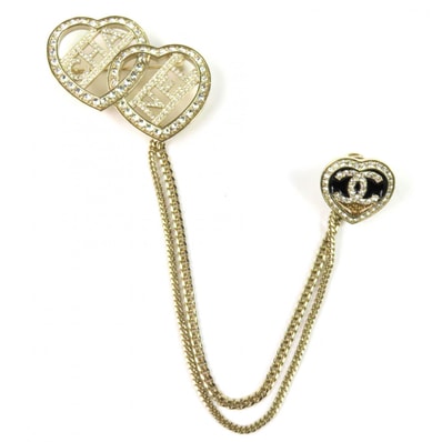 極美品 シャネル ココマーク メタルストラス ダブルハート チェーン ブローチ