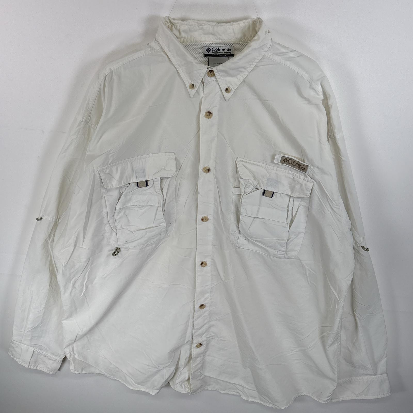 古着 コロンビア Columbia 長袖シャツ ボタンダウンシャツ ワンポイント ロゴ PFG XL  ホワイト 無地 メンズ