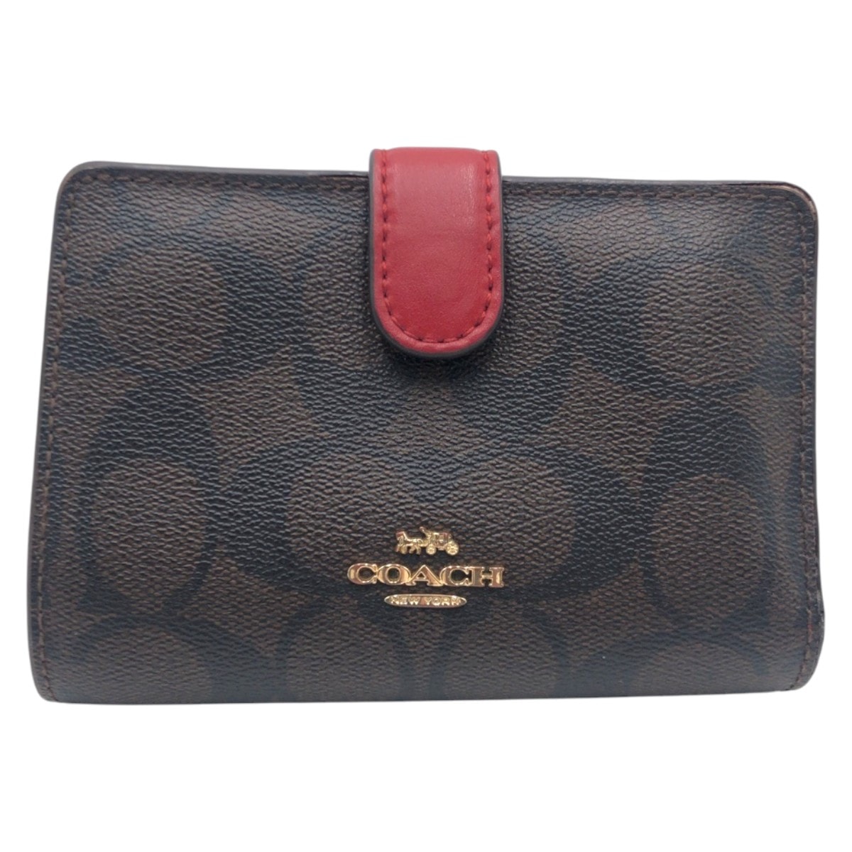 COACH コーチ シグネチャー ブラウン レッド レザー 二つ折り財布 折り財布 コンパクトウォレット 600387 【中古】