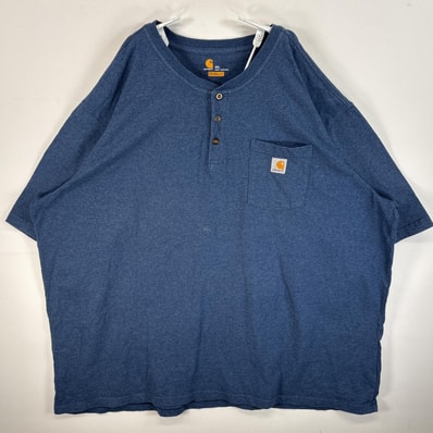 古着 カーハート Carhartt 半袖Tシャツ ワンポイント ロゴ 大きいサイズ ヘンリーネック 4XL ブルー系 無地 メンズ