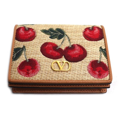 Valentino ヴァレンチノ Vロゴ シグネチャー チェリフィックパターン ジャカードラフィア ウォレット 二つ折り財布 ベージュ レッド 6W0P0AJ3CJR_R9F レディース【中古】【美品】