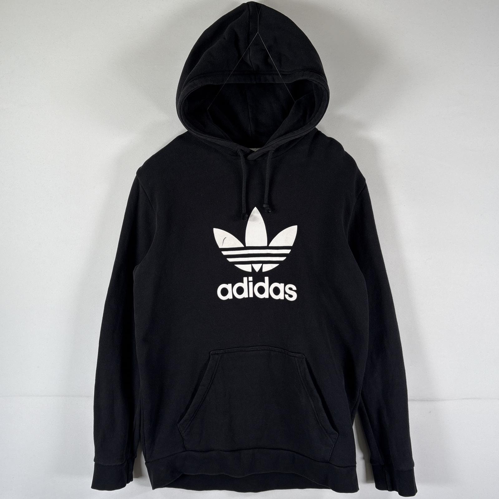古着 アディダス adidas パーカー スウェット ビッグロゴプリント トレフォイルロゴ フーディ プルオーバー O ブラック メンズ