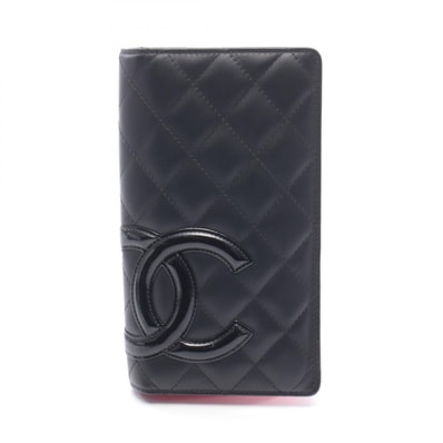 シャネル CHANEL カンボンライン 二つ折り長財布 財布 レザー パテントレザー レディース ブラック系 【中古】