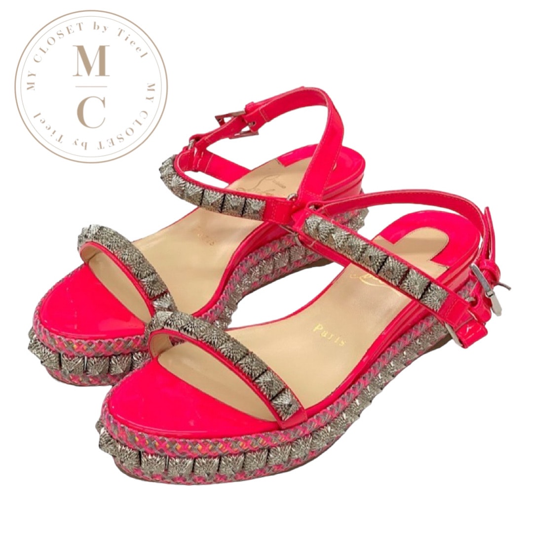 クリスチャンルブタン Christian Louboutin ピラリヤド サンダル 靴 シューズ パテント ピンク シルバー ウェッジソール スタッズ