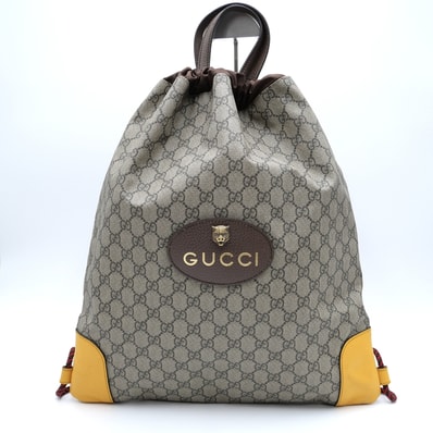 GUCCI(グッチ)GGスプリーム ドローストリング バックパック リュック ナップサック タイガーヘッド GG柄 ベージュ イエロー PVC レザー 巾着型 メンズ レディース 473872【中古】
