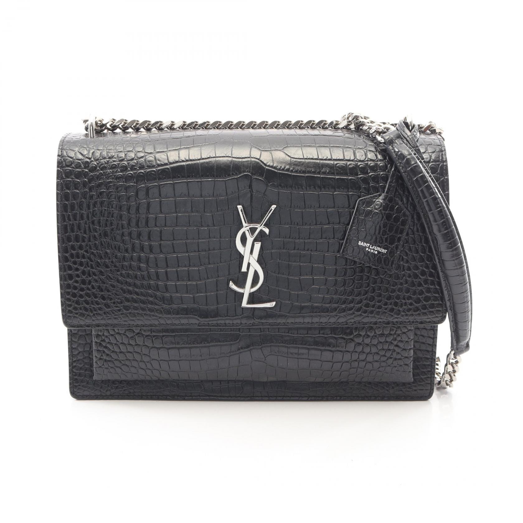 サンローランパリ SAINT LAURENT PARIS サンセット ラージ クロコ型押し ショルダーバッグ バッグ レザー レディース ブラック系 【中古】