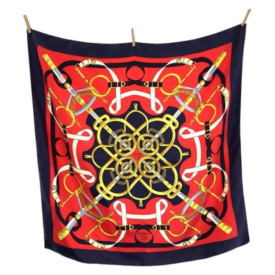 美品 HERMES エルメス 黄金の拍車 カレ90 レッド ネイビー シルク スカーフ 602699 【中古】