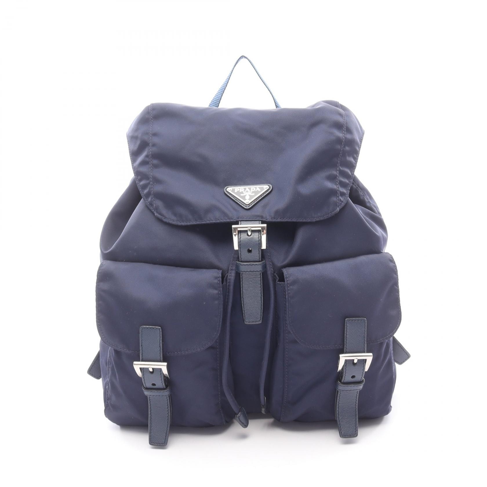 プラダ PRADA リュックサック バックパック バッグ ナイロン サフィアーノレザー レディース ネイビー系 【中古】