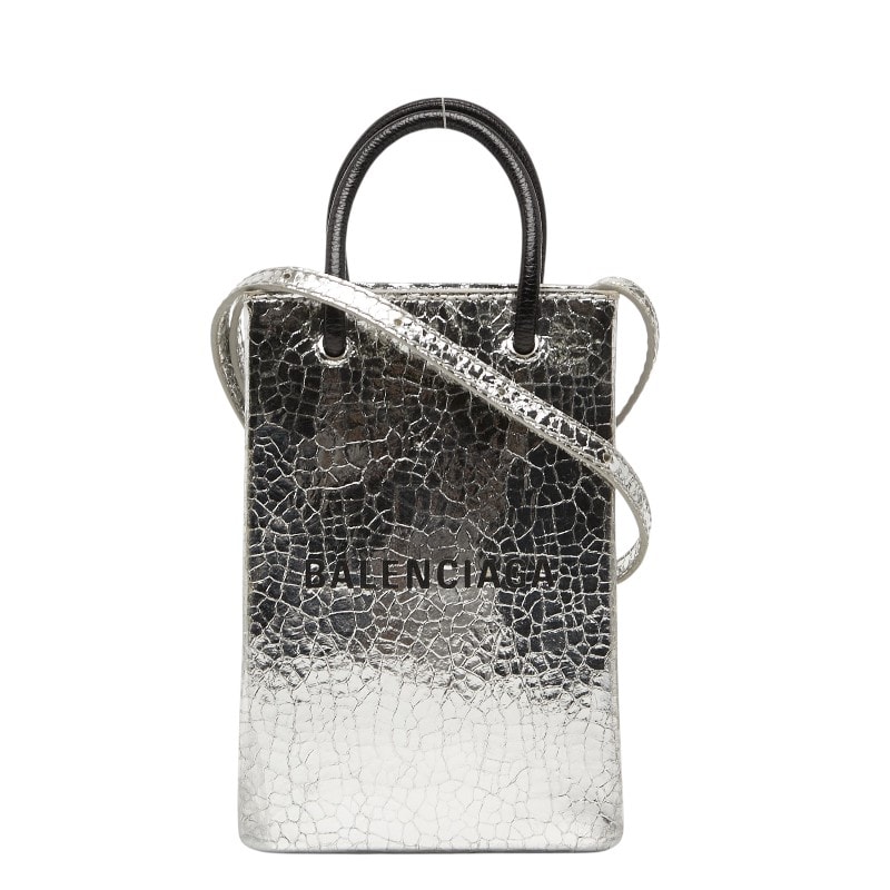 バレンシアガ ショッピング フォンホルダー 斜め掛け ショルダーバッグ シルバー レザー レディース BALENCIAGA 【中古】