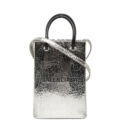 バレンシアガ ショッピング フォンホルダー 斜め掛け ショルダーバッグ シルバー レザー レディース BALENCIAGA 【中古】