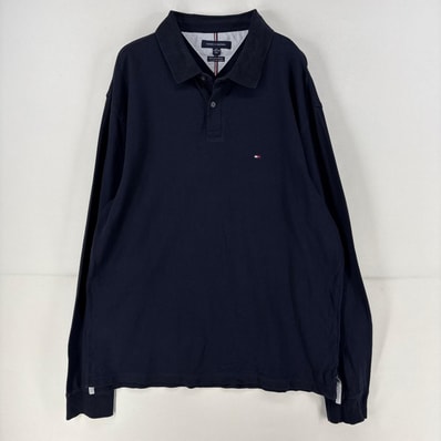 古着 トミーヒルフィガー TOMMY HILFIGER 長袖シャツ ロゴ 大きいサイズ 鹿子 大きいサイズ ポロシャツ 2XL ネイビー 無地 メンズ