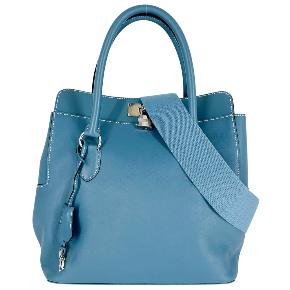 HERMES エルメス 2WAY 肩掛け 斜め掛け ツールボックス26 ハンドバッグ ショルダーバッグ □N刻印 レザー    ブルー系 シルバー金具 レディース 2010年【中古品】