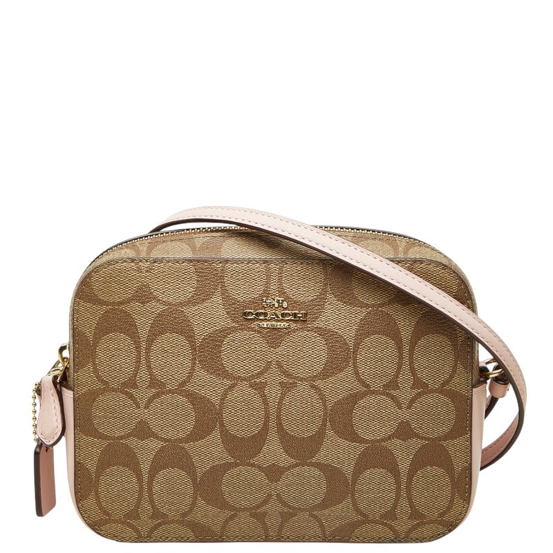 コーチ シグネチャー 斜め掛け ミニショルダーバッグ 91677 ベージュ ピンク PVC レザー レディース COACH 中古