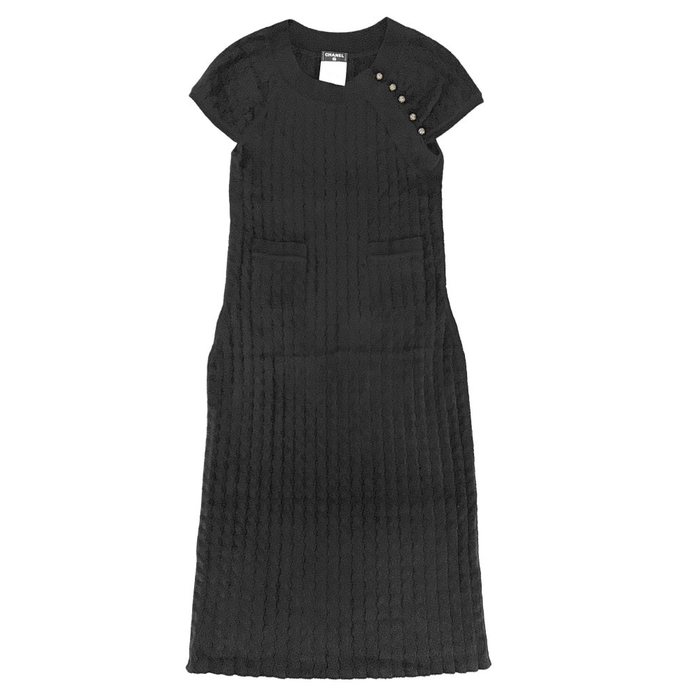CHANEL シャネル ワンピース ベロア 半袖 ココボタン ヴィンテージ アパレル 服 38 ブラック 黒 ゴールド金具 レーヨン ナイロン レディース 春 秋 美品【中古品】