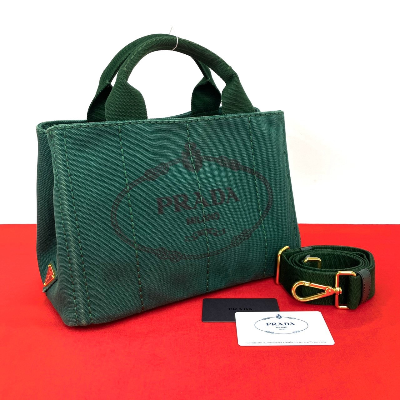 PRADA プラダ カナパ 三角 ロゴ 金具 キャンバス ショルダーバッグ グリーン
388-2