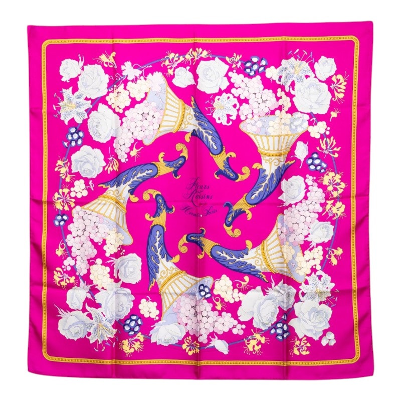 エルメス カレ90 FLEURS RAISINS 葡萄の花 スカーフ ピンク マルチカラー シルク レディース HERMES 【中古】