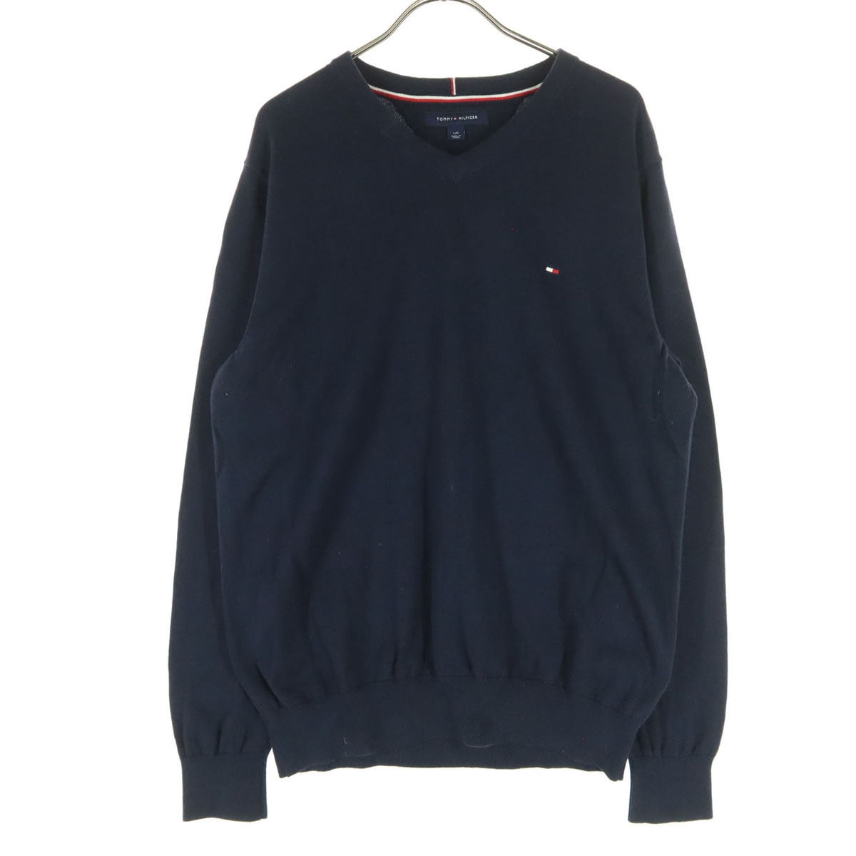 TOMMY HILFIGER トミーヒルフィガー コットン ワンポイントロゴ 長袖 Vネック コットン ニット L ネイビー