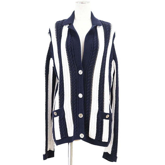 【極美品】CHANEL シャネル ニットカーディガン P74635 レディース サイズ 36 COCOマーク ラインストーンボタン コットン ジャケット ローゲージ ポロカラー ストライプ マリン ネイビー ホワイト 白 紺 イタリア製 ヴィルジニー・ヴィアール期 B (目立った傷や汚れなし)】【極美品】CHANEL シャネル ニット