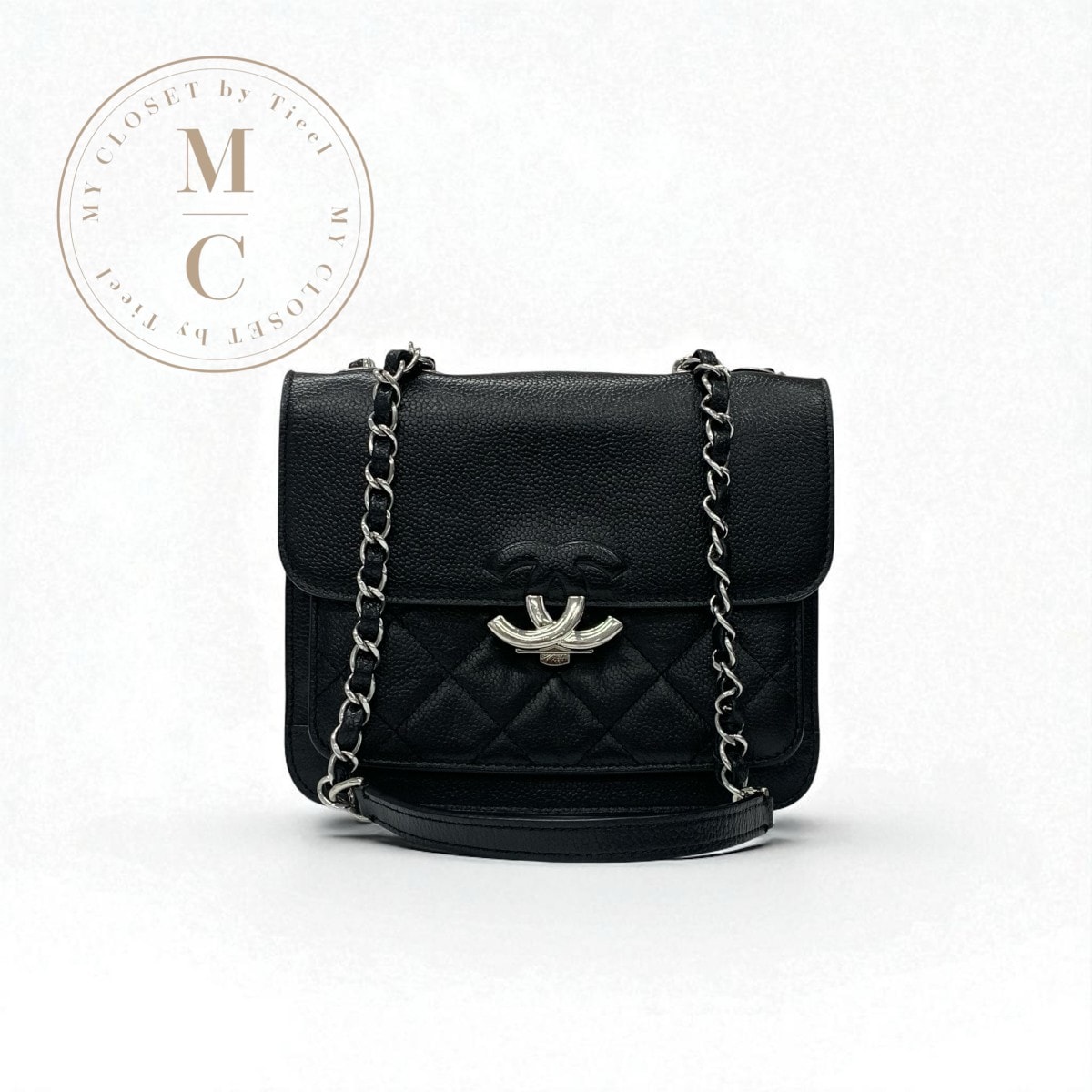 シャネル CHANEL バッグ ショルダーバッグ キャビアスキン ブラック 黒 シルバー マトラッセ ハーフココマーク シングルフラップ ダブルチェーン