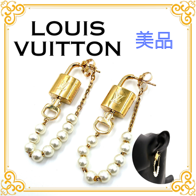 ■極美品■ LOUIS VUITTON ルイヴィトン M03008 パールロック ピアス 耳飾り ゴールド パール チェーン レディース アクセサリー レア 希少