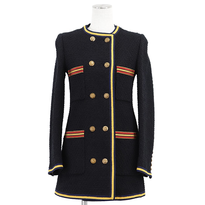 【極美品】GUCCI グッチ ツイードジャケット タイガー 虎 ゴールドメタルボタン ダブルブレステッド ノーカラー アウター レディース サイズ 36 ダークネイビー レッド イエロー 紺 赤 黄 イタリア製