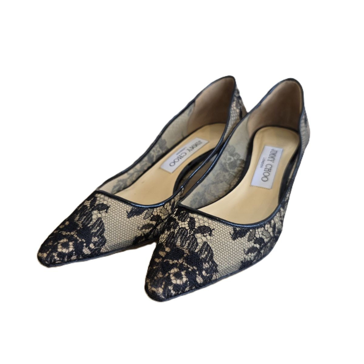 JIMMY CHOO ジミーチュウ ROMY 総レース ローヒール 4cm ポインテッドトゥ 23.5cm パンプス ブラック  レディース【中古】